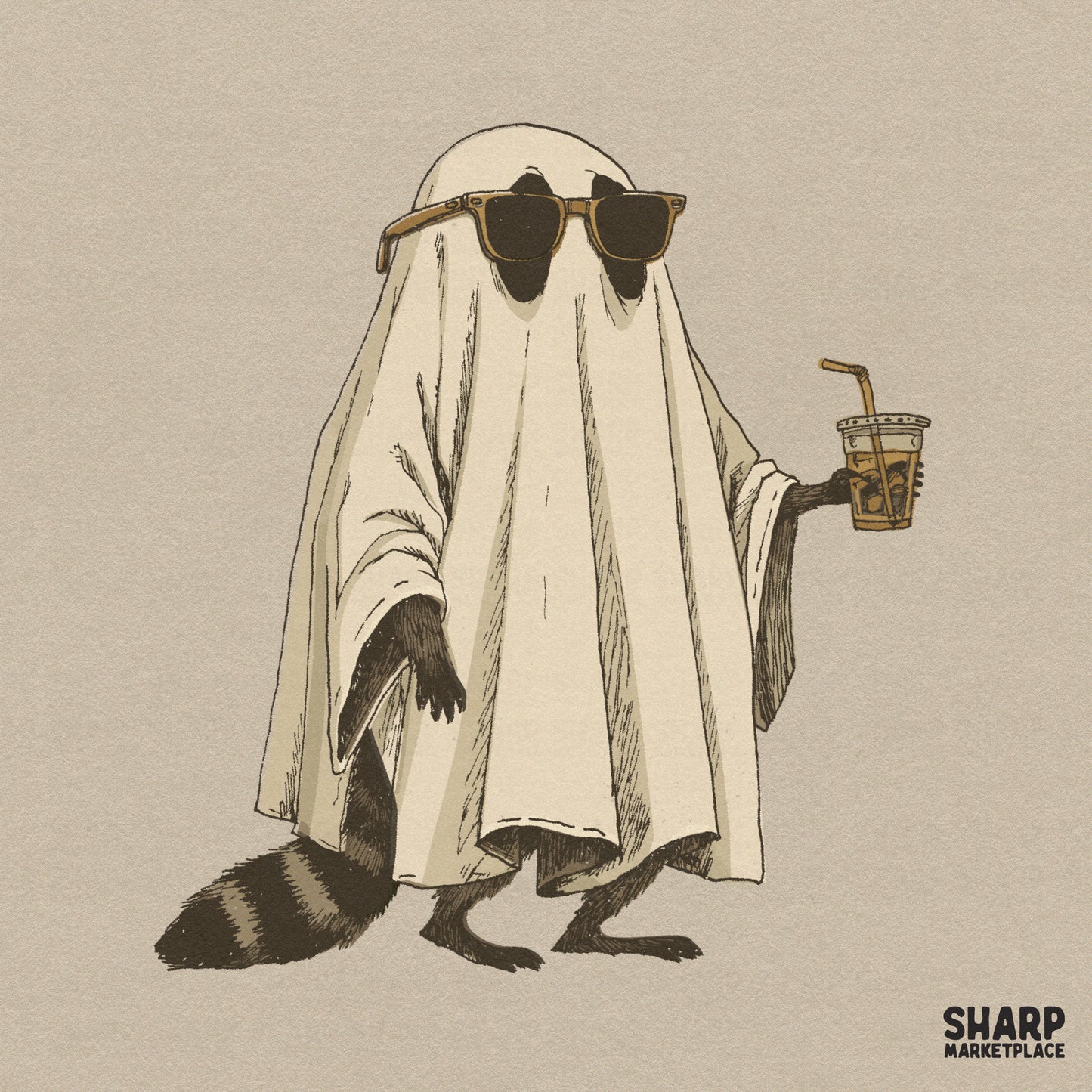 Funny retro raccoon costume drinking iced coffee halloween png for spooky season sublimation shirts