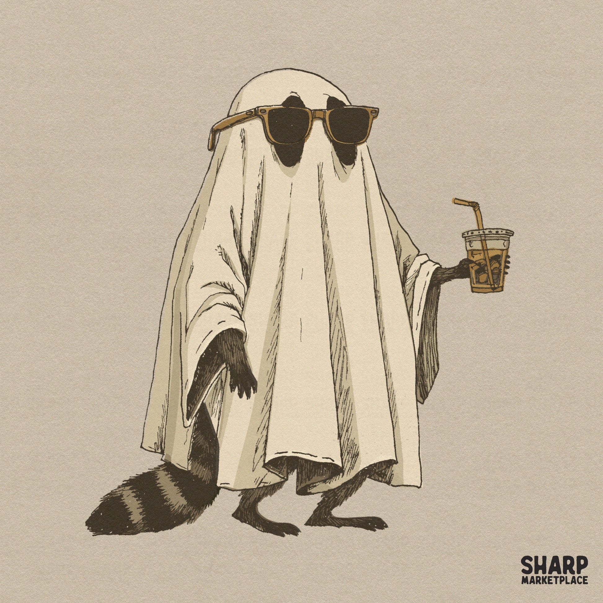 Funny retro raccoon costume drinking iced coffee halloween png for spooky season sublimation shirts