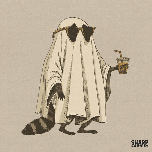 Funny retro raccoon costume drinking iced coffee halloween png for spooky season sublimation shirts