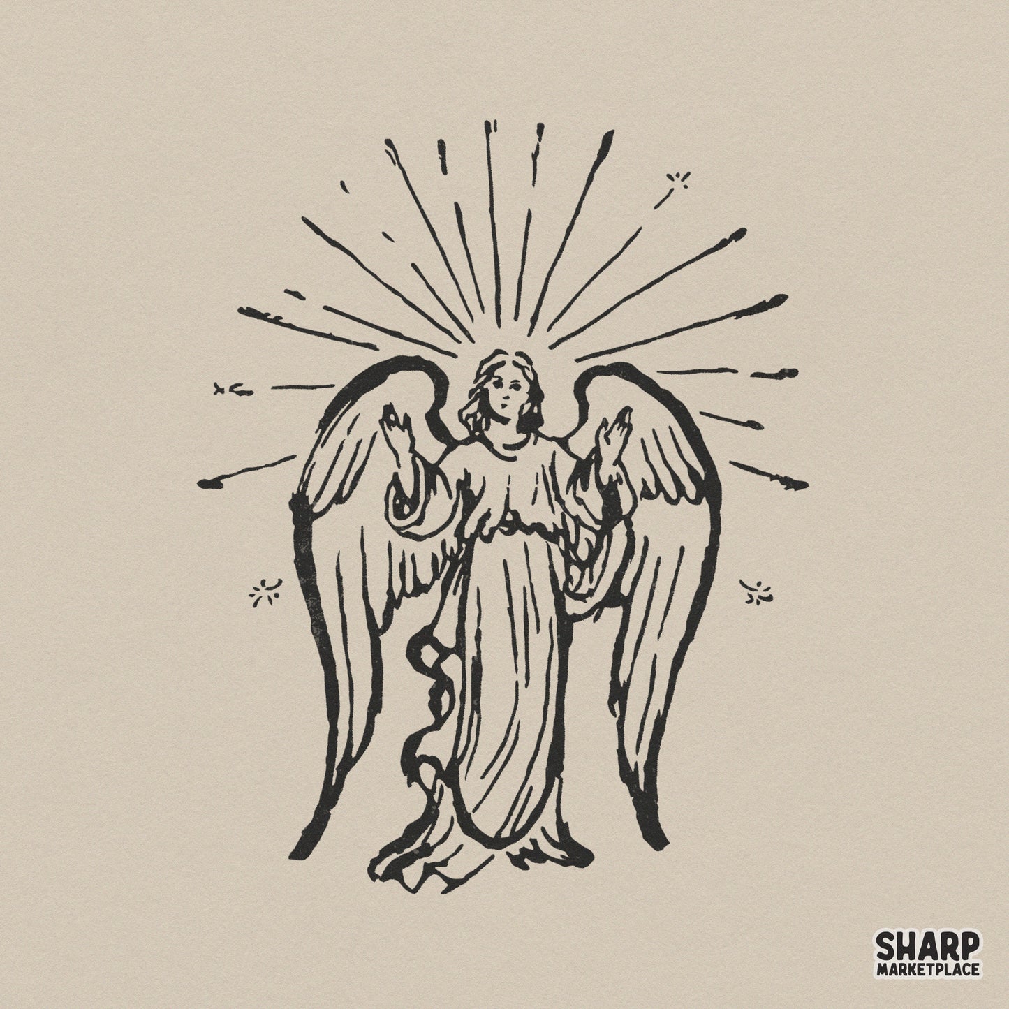 Vintage woodcut style illustration of a radiant angel with outstretched wings and a halo, perfect for Christian apparel and sublimation projects.