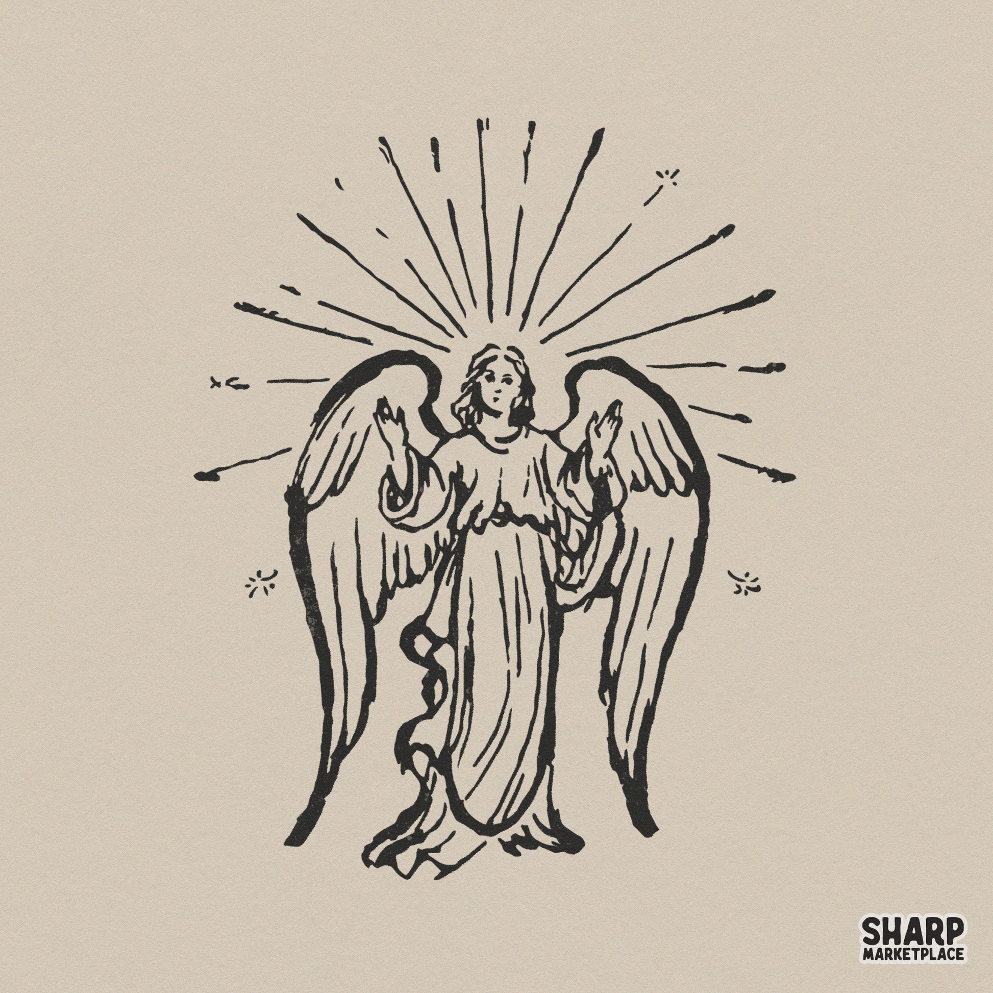Vintage woodcut style illustration of a radiant angel with outstretched wings and a halo, perfect for Christian apparel and sublimation projects.