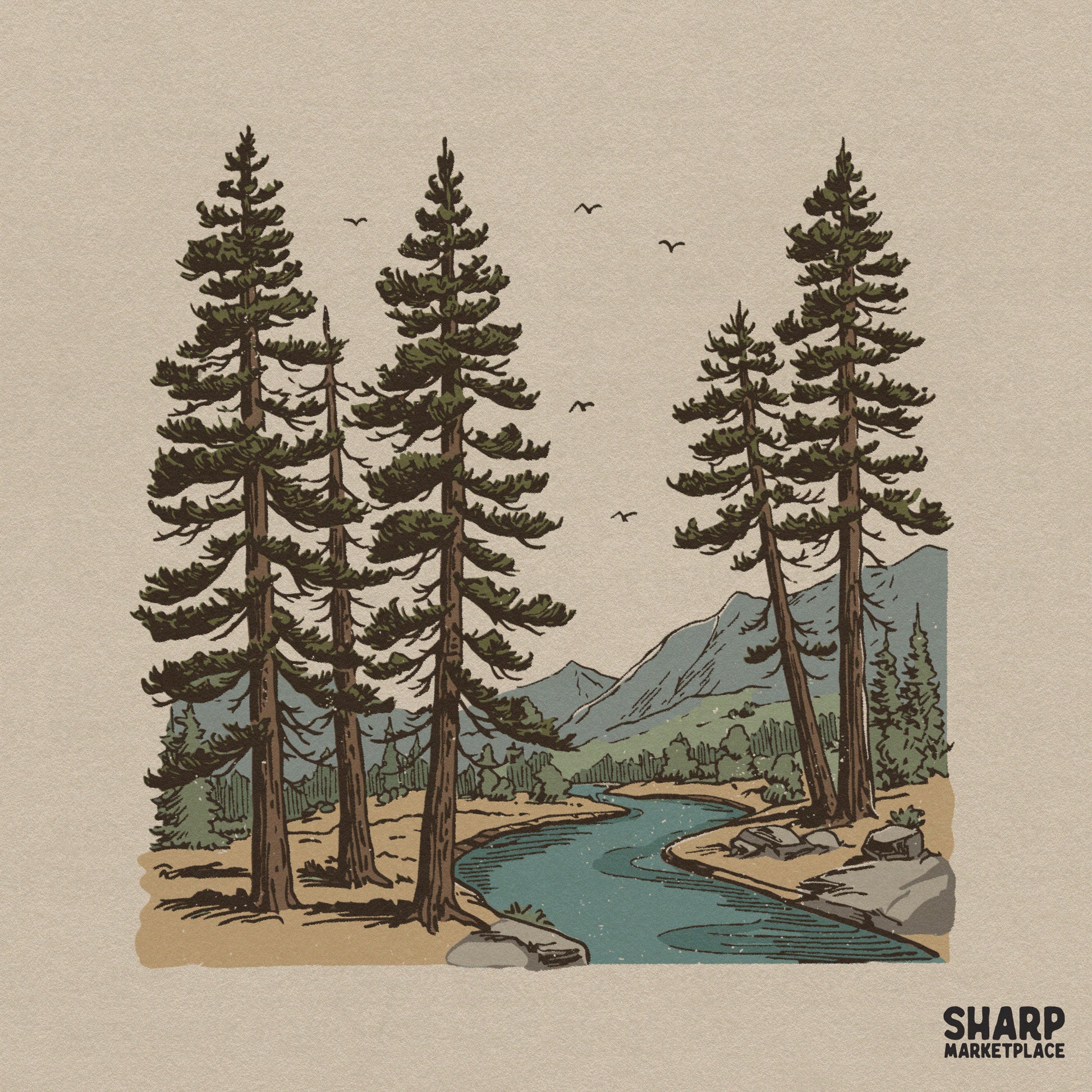Vintage pine trees by a river mountain landscape retro sublimation design for nature lover shirts