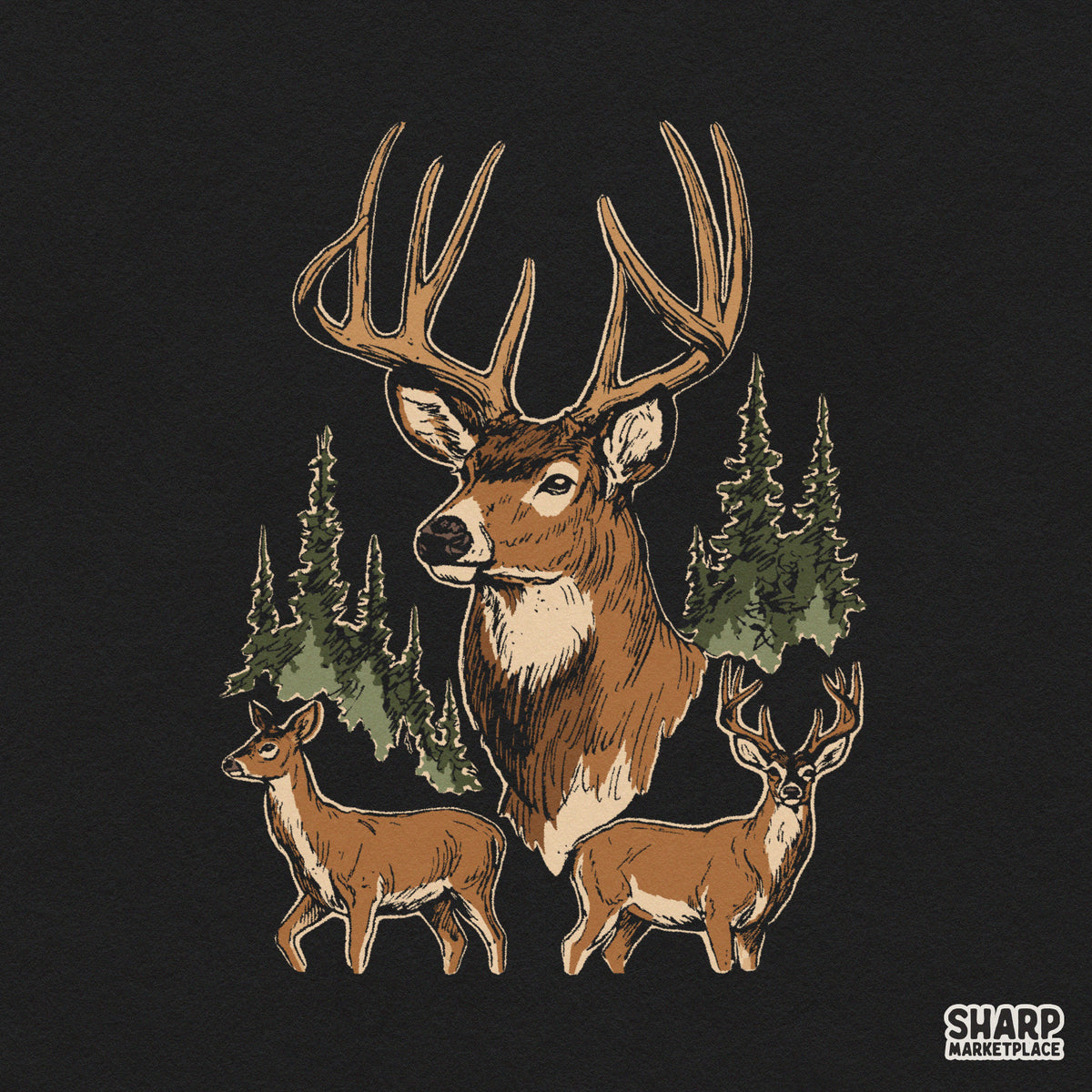Vintage buck and deer in a pine forest sublimation PNG graphic for fall hunting shirts and retro nature apparel