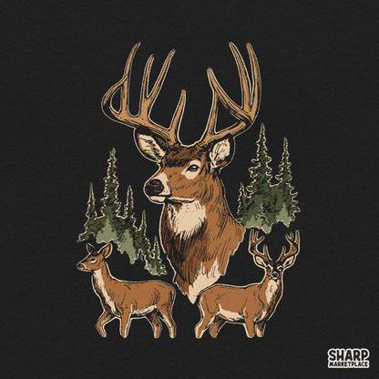 Vintage buck and deer in a pine forest sublimation PNG graphic for fall hunting shirts and retro nature apparel