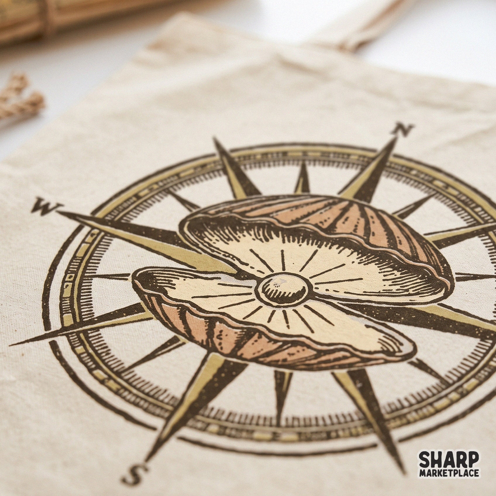 Vintage nautical compass and oyster pearl shell retro coastal sublimation png design for summer beach shirts