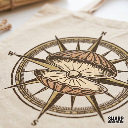 Vintage nautical compass and oyster pearl shell retro coastal sublimation png design for summer beach shirts