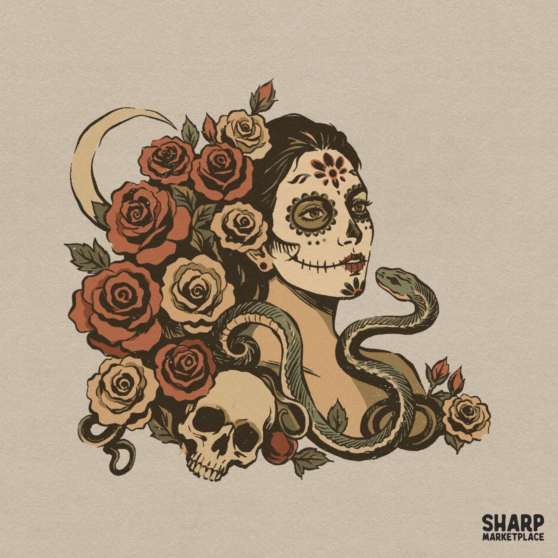 Sugar skull woman with roses and a snake gothic halloween png sublimation design for spooky season t-shirts