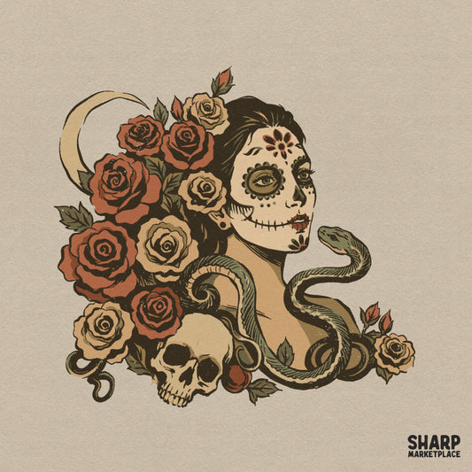 Sugar skull woman with roses and a snake gothic halloween png sublimation design for spooky season t-shirts