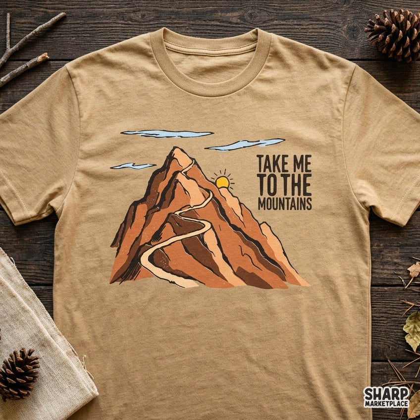 Hand drawn Take Me To The Mountains retro hiking PNG design for outdoor adventure t-shirts and camping graphics
