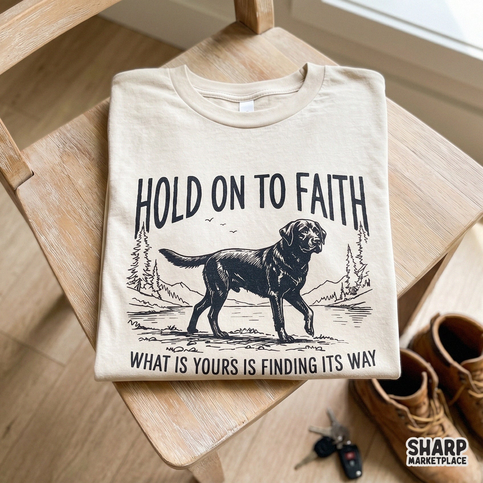 Detailed vintage-inspired dog illustration with faith-based typography, suitable for digital printing, stickers, and nature-themed apparel designs.