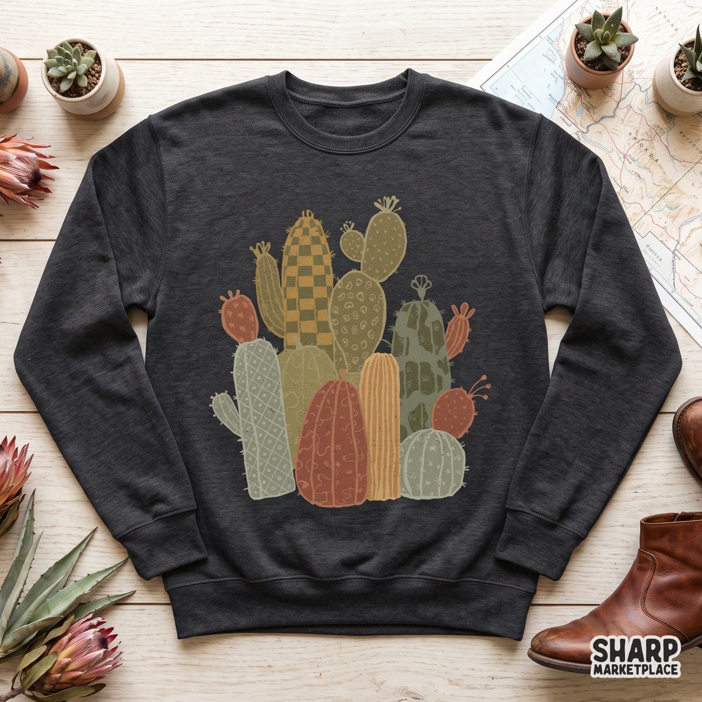 Retro checkered boho cactus garden illustration for a trendy funky desert plant graphic shirt design