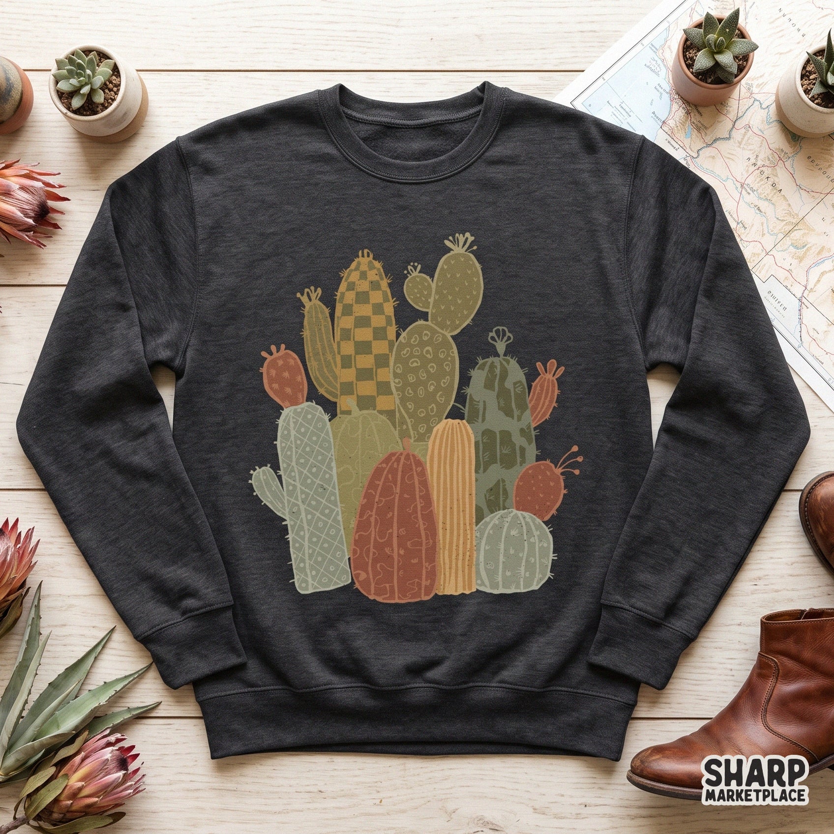 Retro checkered boho cactus garden illustration for a trendy funky desert plant graphic shirt design