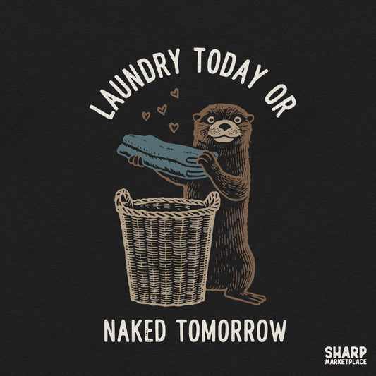 Funny otter folding clothes graphic with sarcastic Laundry Today Or Naked Tomorrow quote for laundry room decor