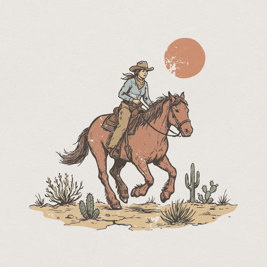 Cowgirl Riding Horse PNG, Western Desert Scene - 300 DPI Design for T-Shirt