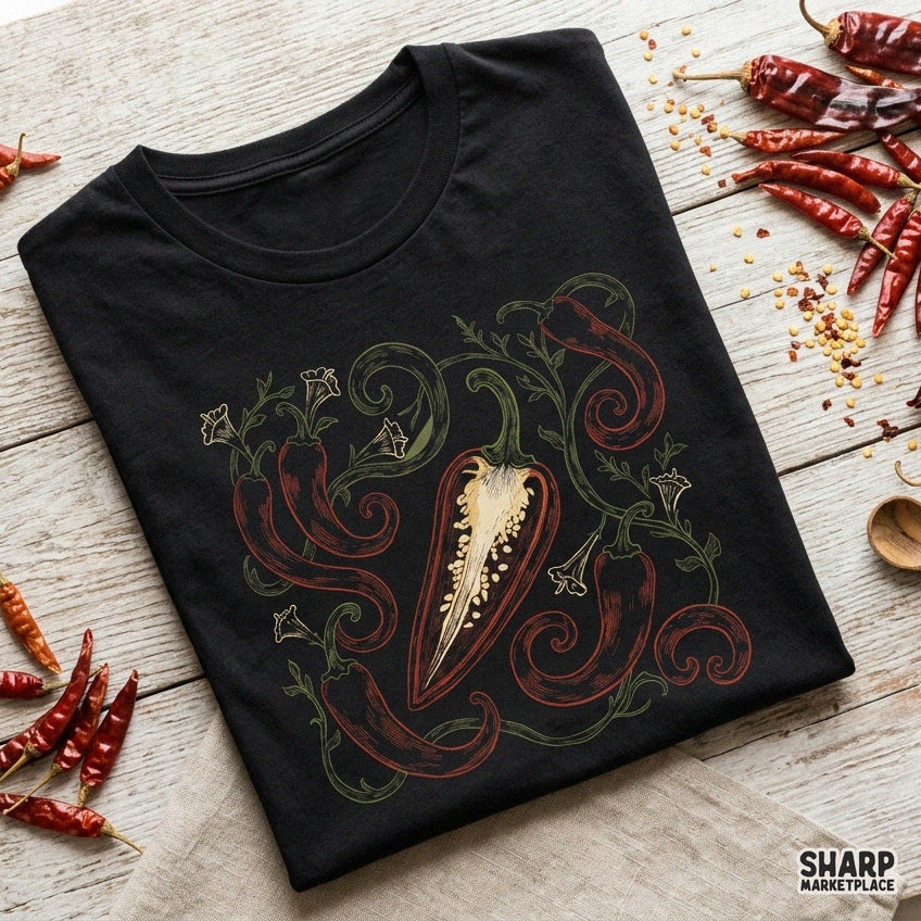 Vintage red chili pepper and vines botanical illustration for retro shirt sublimation print