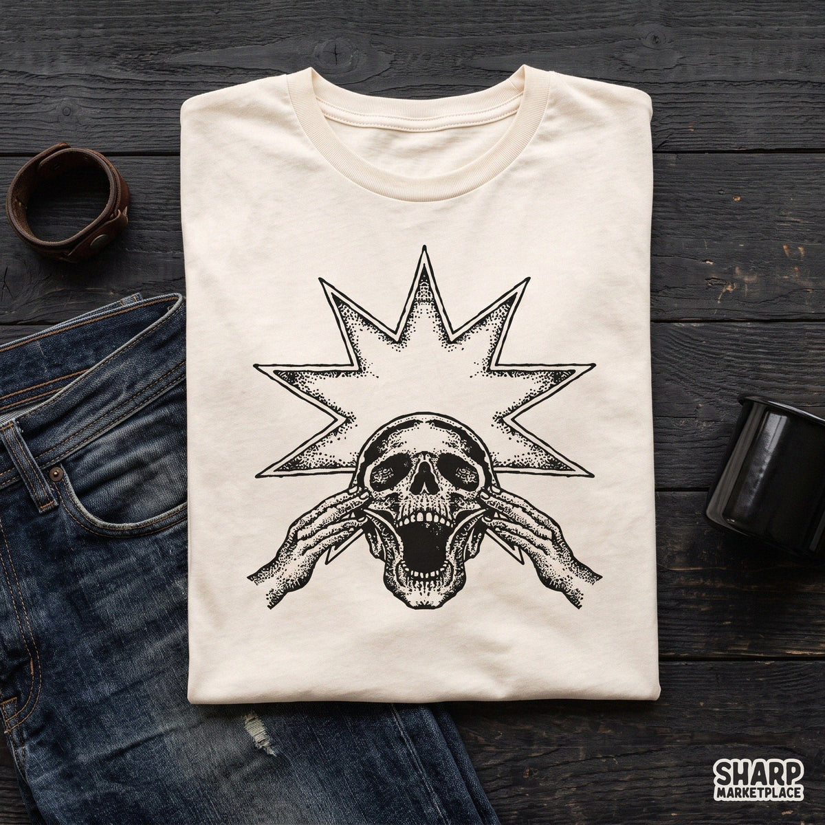 Screaming skeleton with starburst background retro skull PNG design for Halloween shirts and spooky season apparel