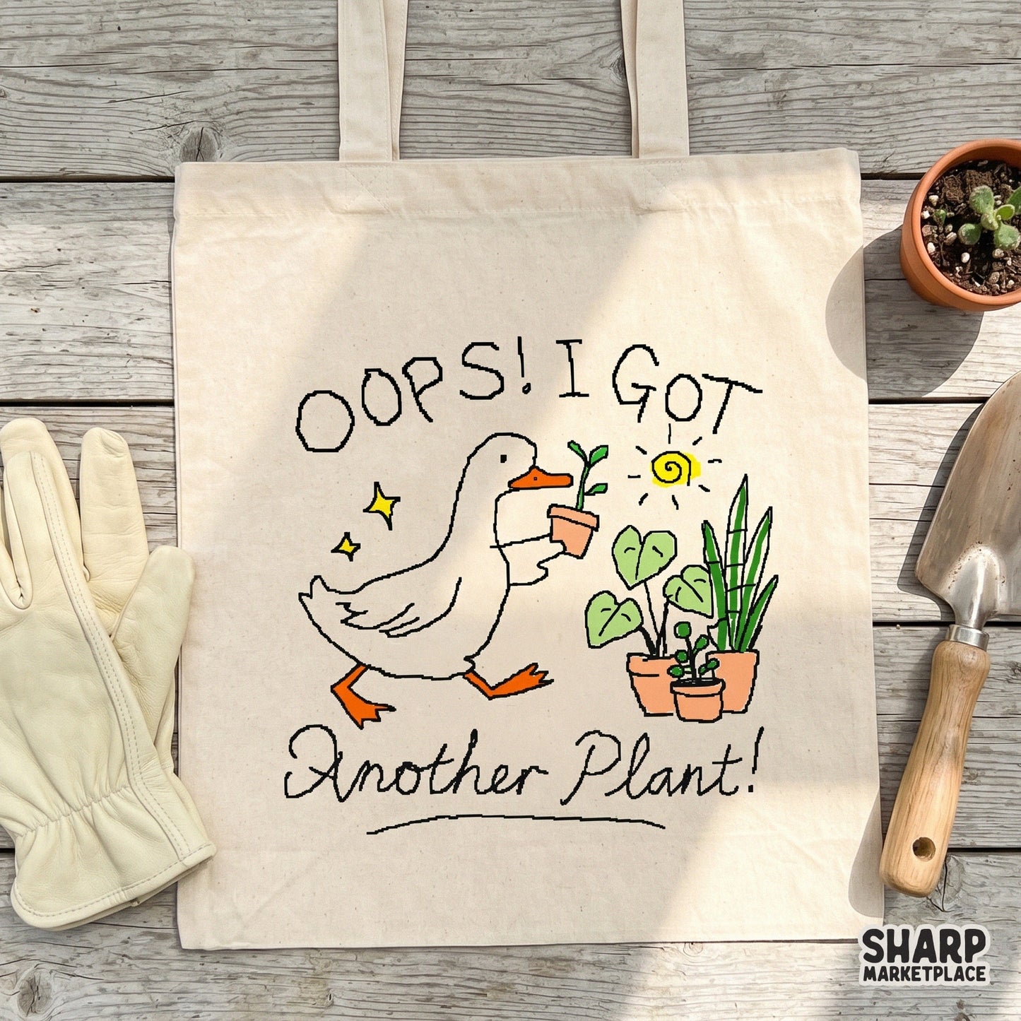 Hand-drawn style illustration of a goose gardener with the phrase Oops! I Got Another Plant! perfect for sublimation, apparel, and stickers.
