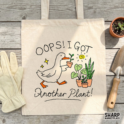 Hand-drawn style illustration of a goose gardener with the phrase Oops! I Got Another Plant! perfect for sublimation, apparel, and stickers.
