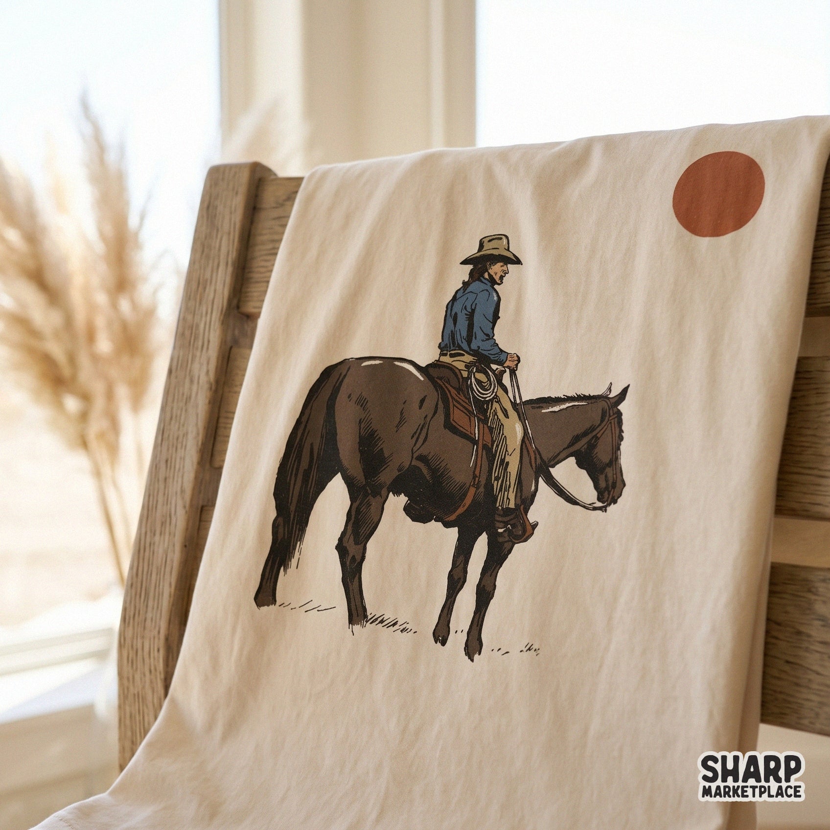 Vintage retro silhouette of a cowboy on horseback in the desert for Western shirt sublimation designs