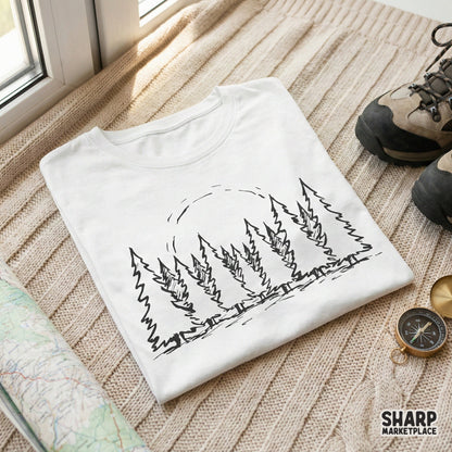 Vintage-inspired pine tree forest sketch with textured branches, ideal for creating rustic stickers, tumblers, and custom nature-themed wall art.