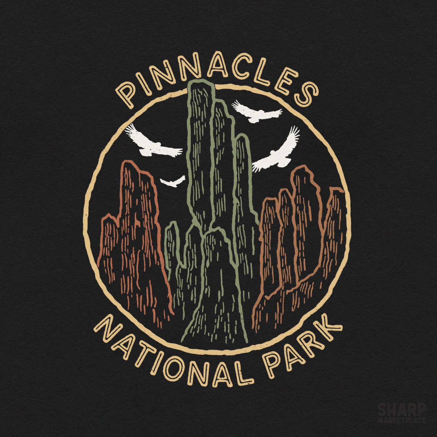 Retro Pinnacles National Park camping design with a vintage eagle illustration for sublimation shirts
