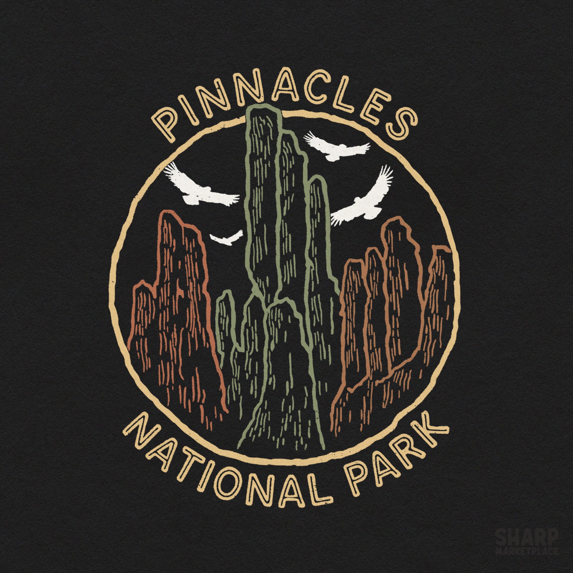 Retro Pinnacles National Park camping design with a vintage eagle illustration for sublimation shirts