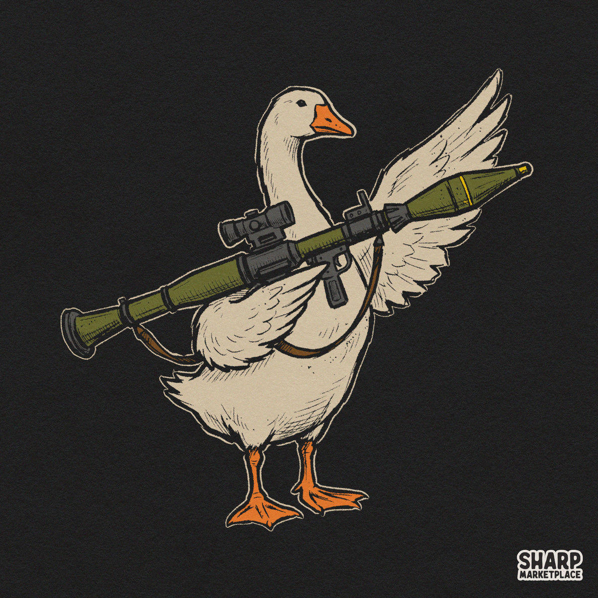 Unhinged funny white goose holding a green rocket launcher sublimation design PNG for sarcastic t-shirts