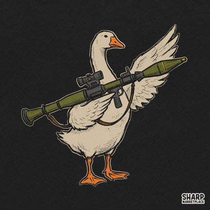 Unhinged funny white goose holding a green rocket launcher sublimation design PNG for sarcastic t-shirts
