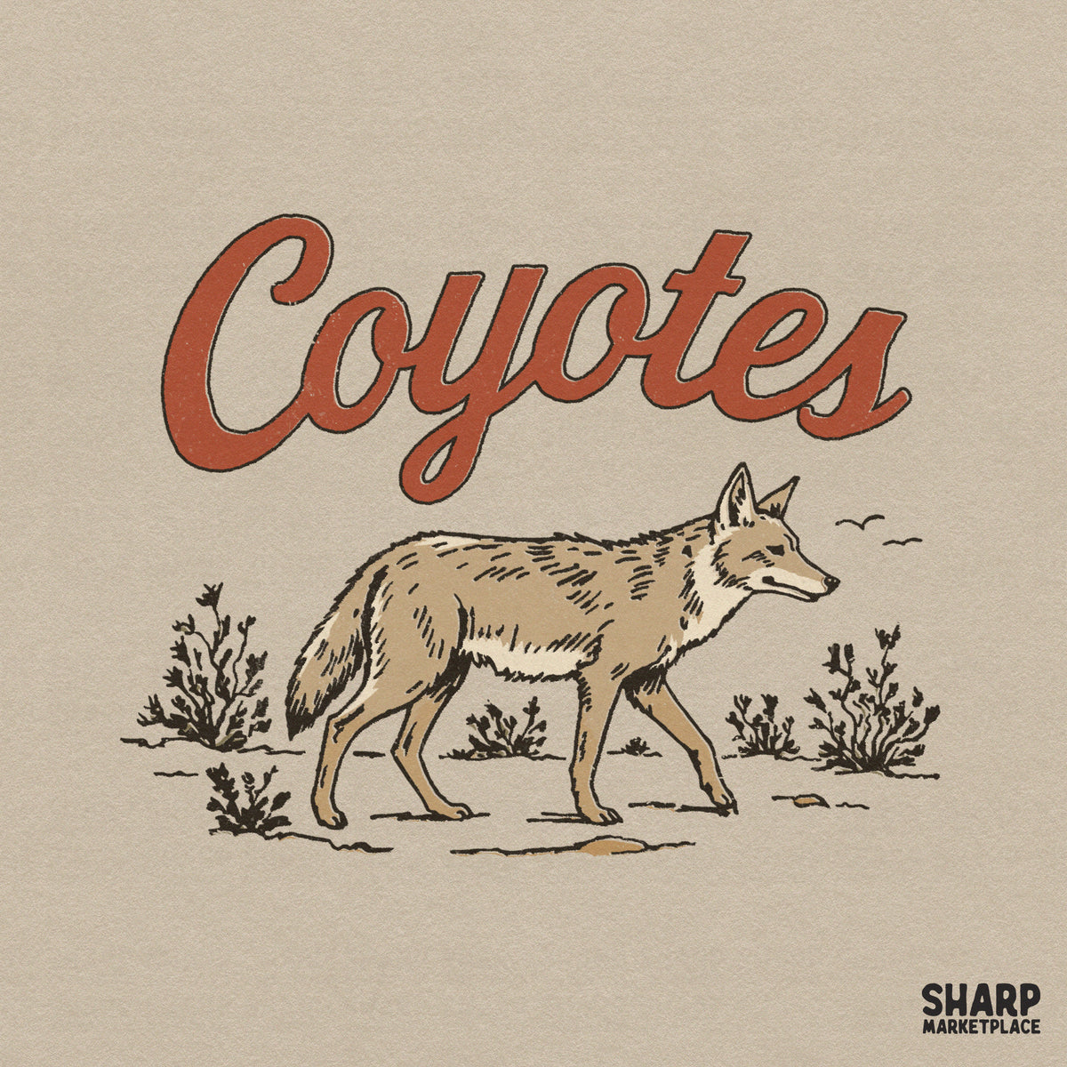 Retro western design featuring a hand-drawn coyote walking in a desert landscape with orange vintage typography for apparel sublimation.