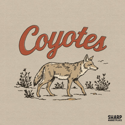 Retro western design featuring a hand-drawn coyote walking in a desert landscape with orange vintage typography for apparel sublimation.