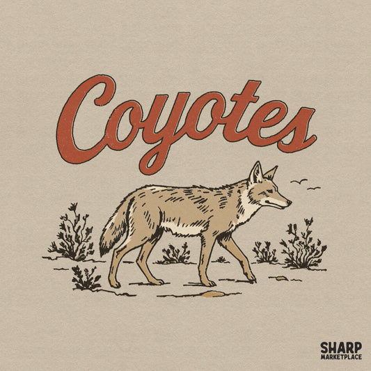Retro western design featuring a hand-drawn coyote walking in a desert landscape with orange vintage typography for apparel sublimation.