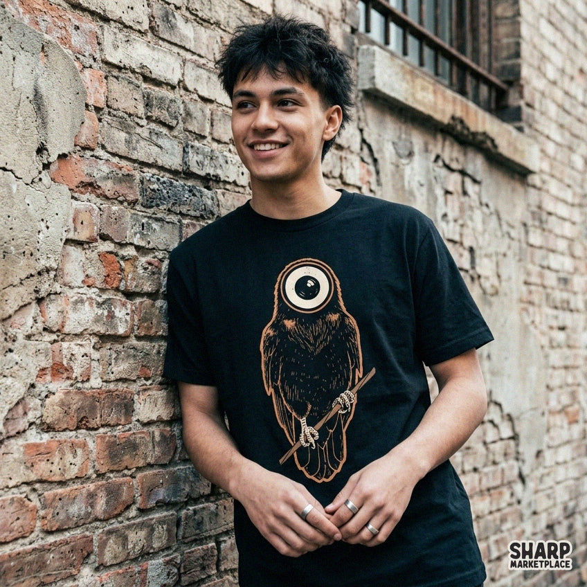 Creepy surreal eyeball owl on a branch graphic, perfect Halloween PNG for spooky season sublimation streetwear designs