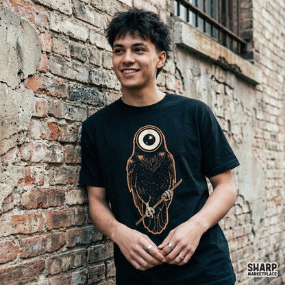 Creepy surreal eyeball owl on a branch graphic, perfect Halloween PNG for spooky season sublimation streetwear designs