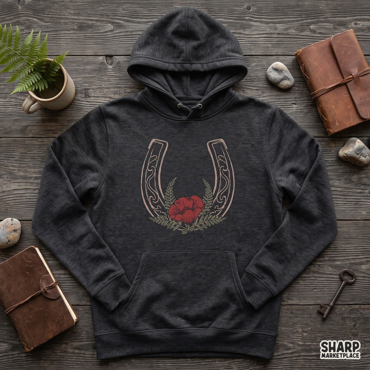 Western horseshoe with red poppy flower and ferns digital PNG design for country cowgirl t-shirts and sublimation