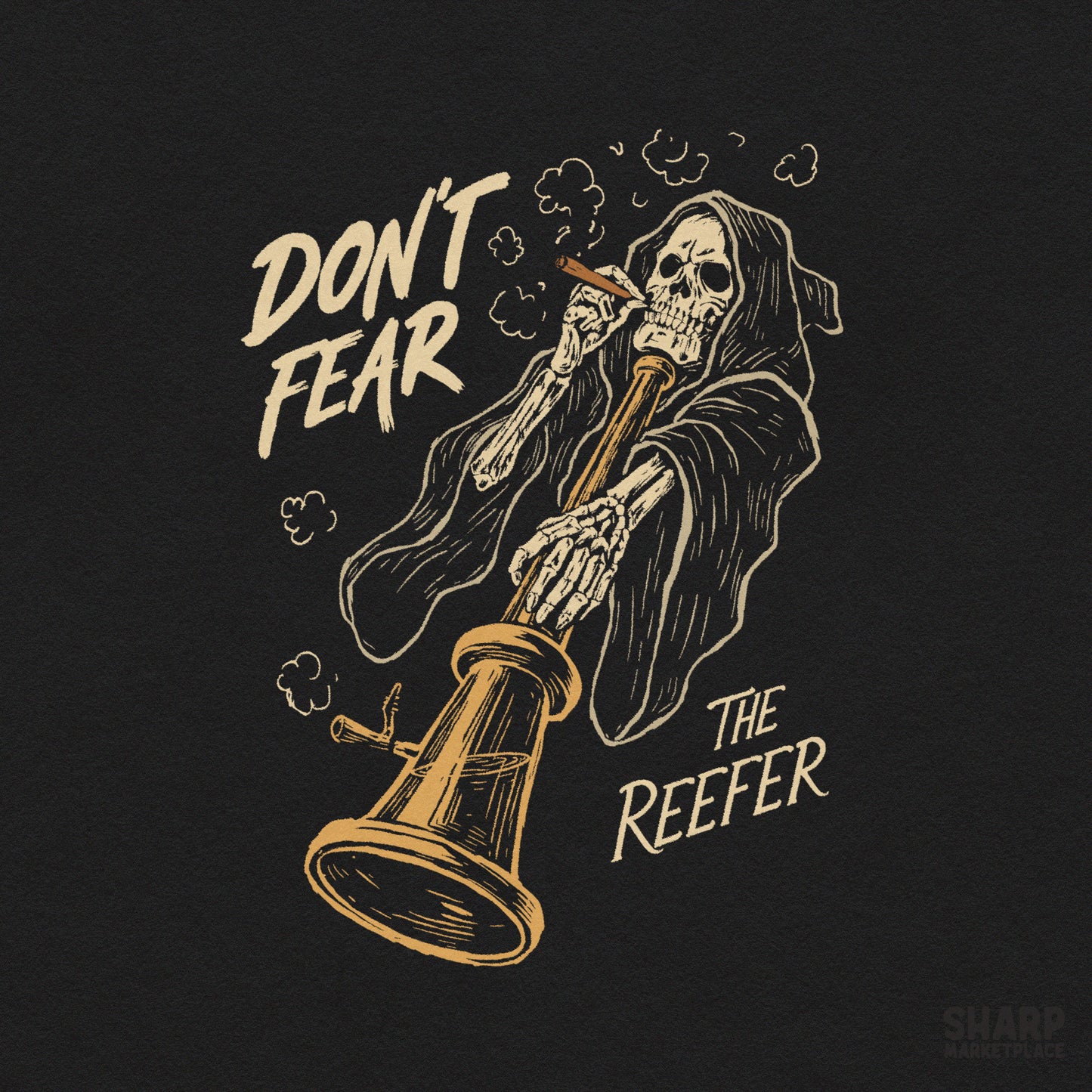 Grim reaper smoking a weed bong with funny skeleton dark humor for Halloween apparel and 420 png shirt designs