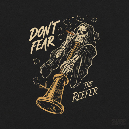 Grim reaper smoking a weed bong with funny skeleton dark humor for Halloween apparel and 420 png shirt designs
