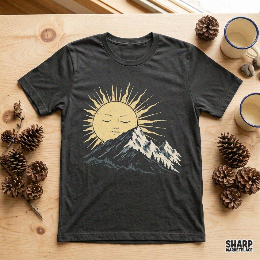 Vintage sleeping sun over a mountain peak and pine trees graphic for retro camping t-shirts and nature apparel