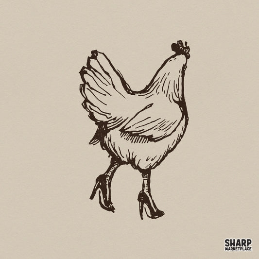 Hand-drawn vintage sketch of a hen wearing high-heeled shoes, featuring a rustic monochromatic line art style for farmhouse apparel and DIY projects.