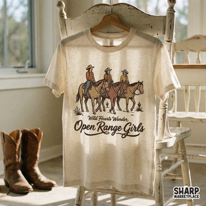 Printable western design featuring a trio of cowgirls in muted earth tones, perfect for DIY t-shirts, stickers, and custom ranch-themed merchandise.