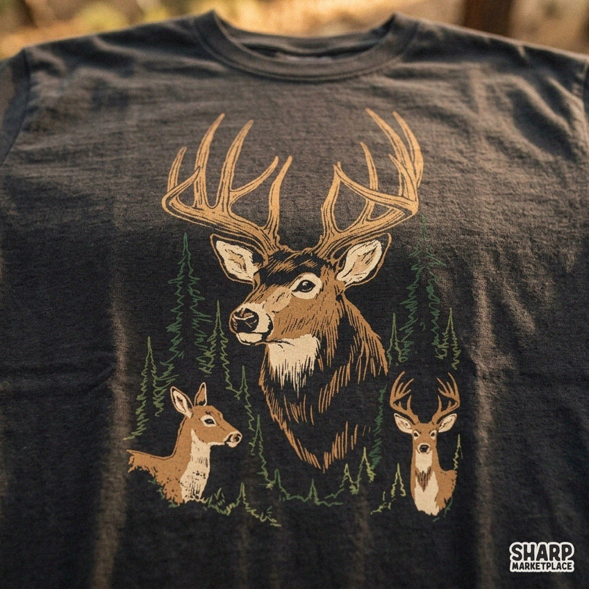 Rustic buck and deer art in a dark pine forest for hunting PNG sublimation shirt design