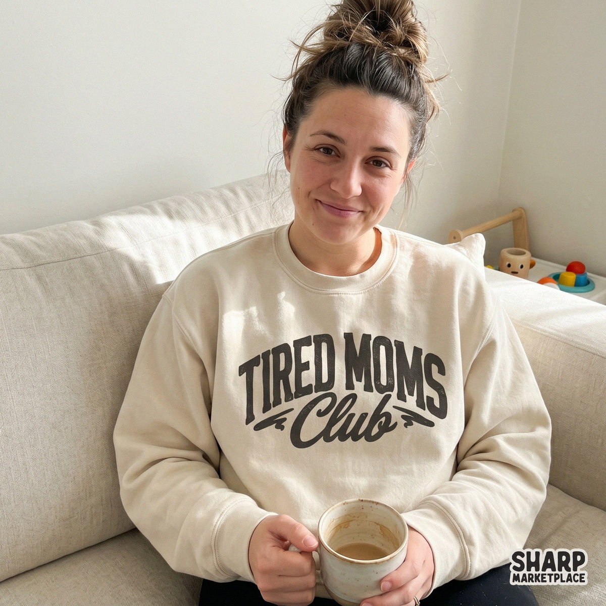 Sarcastic Tired Moms Club typography in a bold, arched layout, perfect for high-quality sublimation transfers, print-on-demand apparel, and parenting-themed