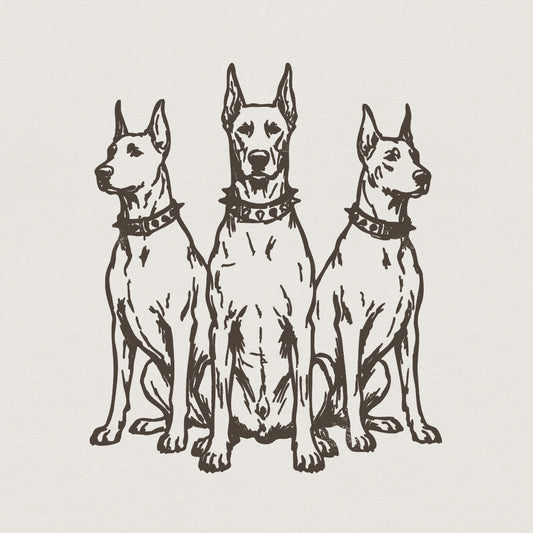 Detailed hand-drawn illustration of three Doberman dogs with spiked collars, perfect for custom t-shirt sublimation or pet lover wall art.
