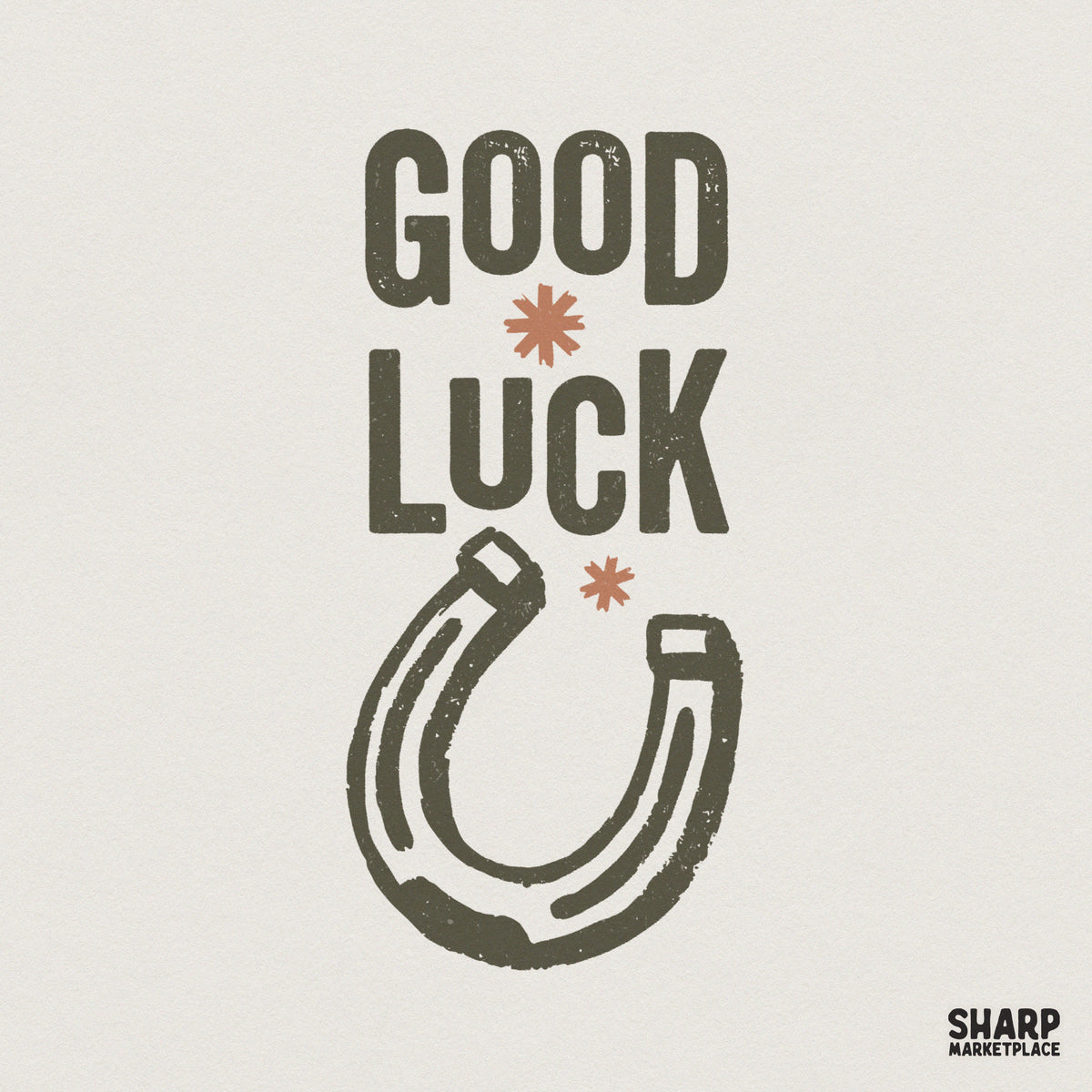 Vintage Good Luck text graphic with a distressed horseshoe illustration, earthy olive green and burnt orange colors, perfect for retro apparel designs.