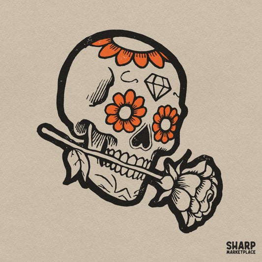 Vintage line art calavera skull with orange flowers Halloween PNG design for t-shirts, tumblers, and sublimation crafts