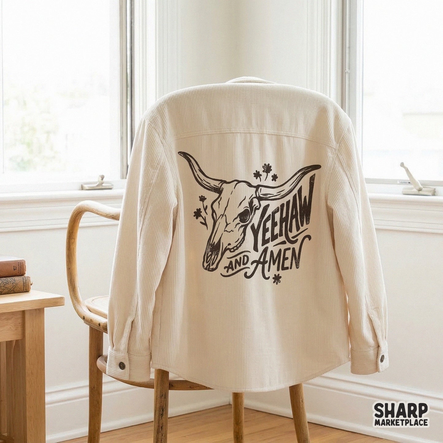 Distressed western bull skull digital art with floral details and Yeehaw and Amen lettering, ideal for custom stickers, tumblers, and shirts.