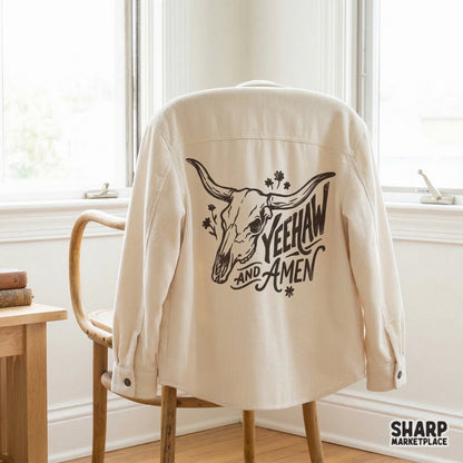 Distressed western bull skull digital art with floral details and Yeehaw and Amen lettering, ideal for custom stickers, tumblers, and shirts.