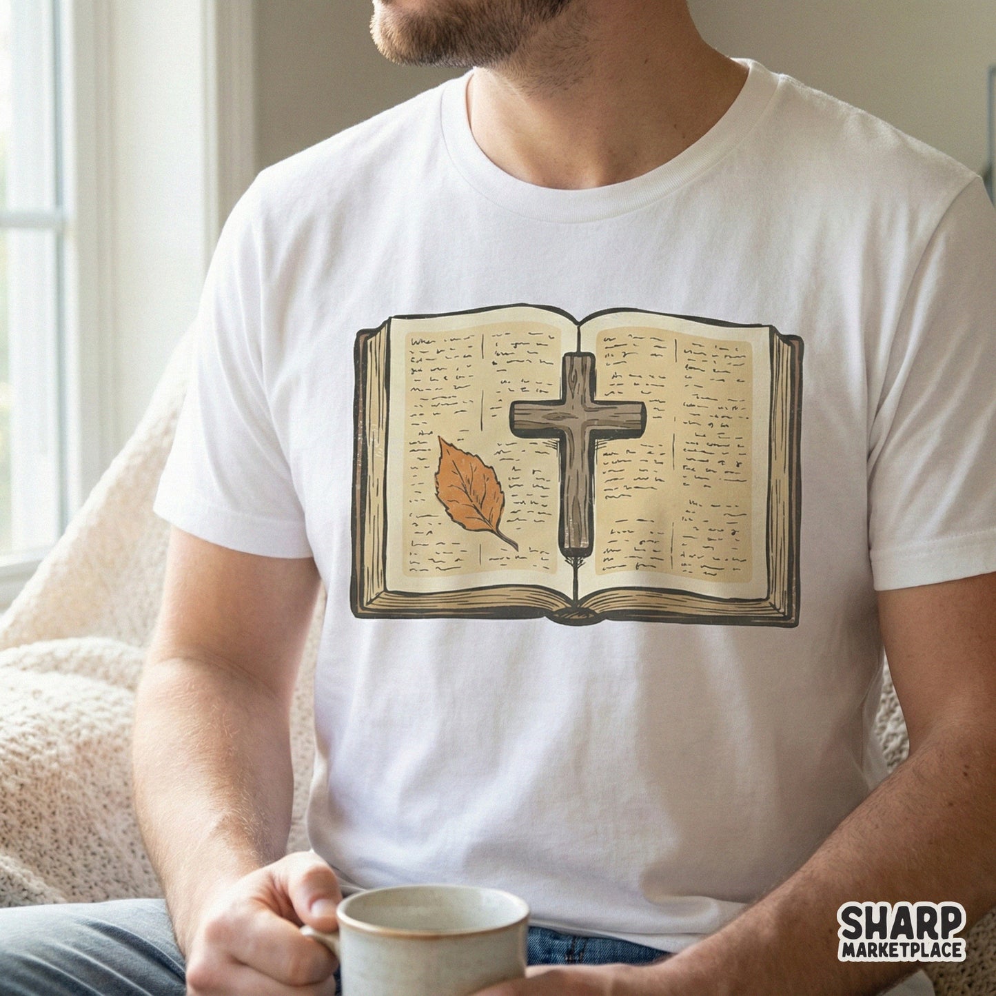 Open Bible PNG With Cross And Autumn Leaf, Religious Printable PNG - 300