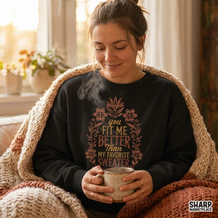 Cozy fall romantic quote PNG featuring You Fit Me Better Than My Favorite Sweater with retro floral typography