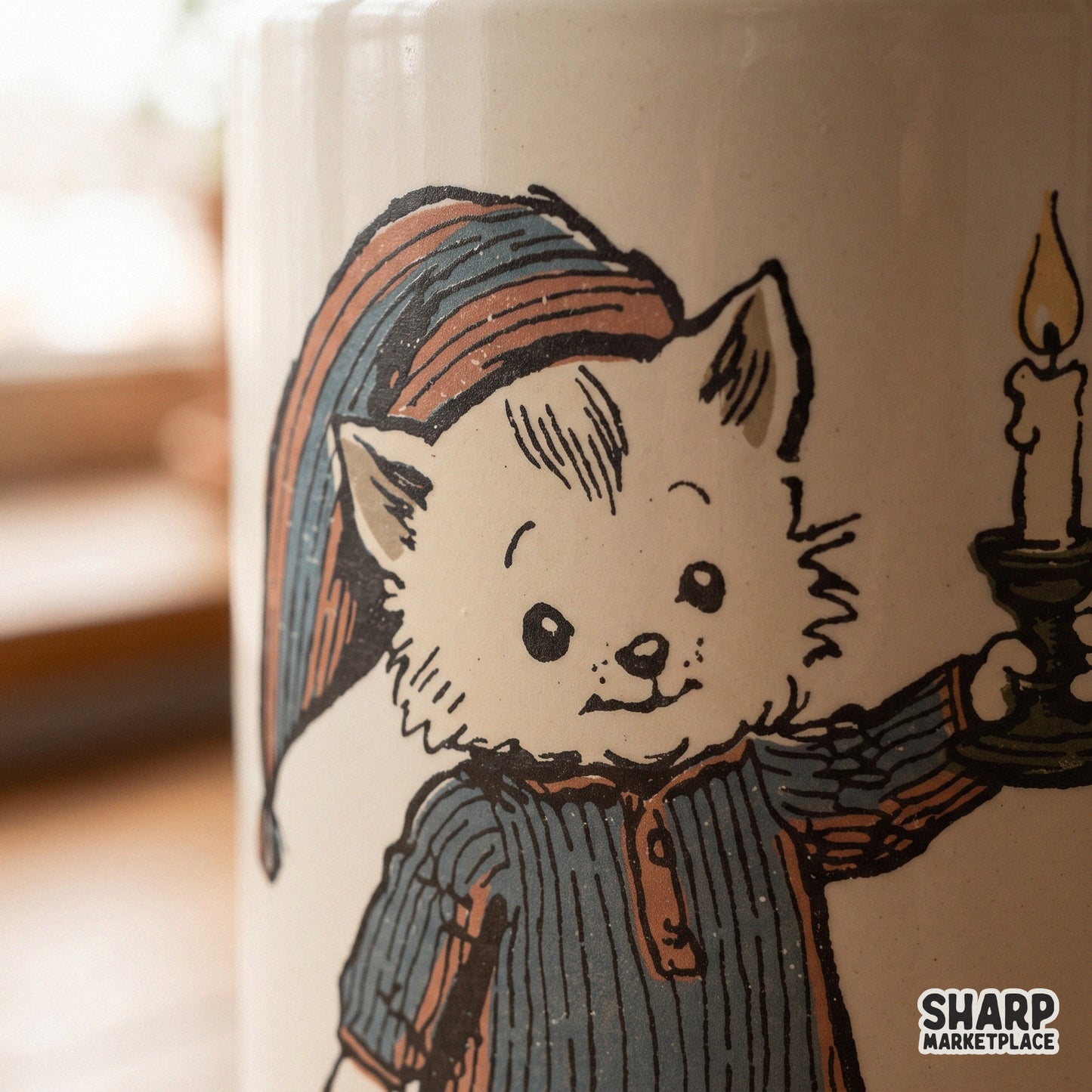 Sleepy vintage kitten in nightgown holding a candle light for retro cozy season t-shirt sublimation and animal art prints