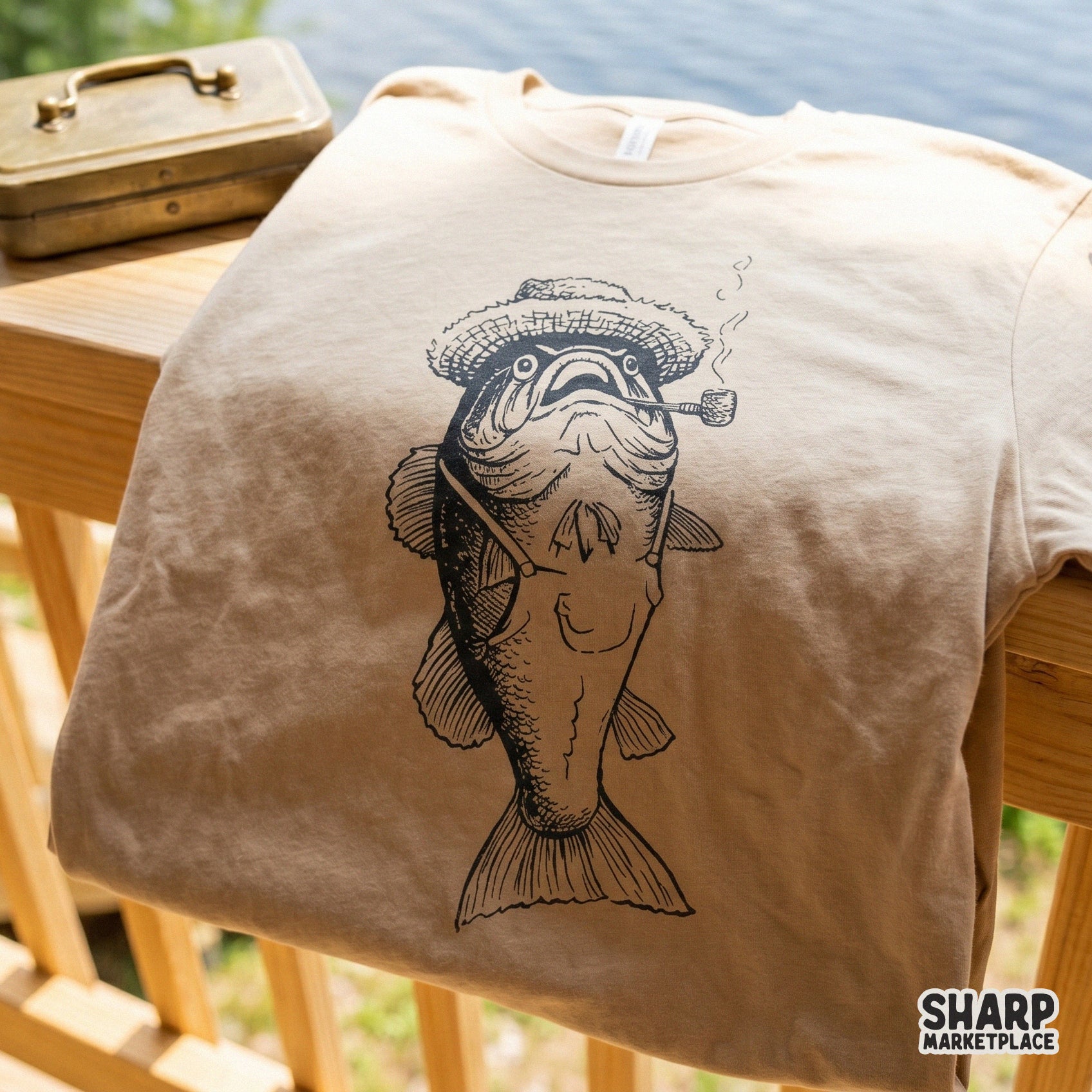 Retro retro funny bass fish wearing overalls and a straw hat sublimation design for Father's Day fishing shirts